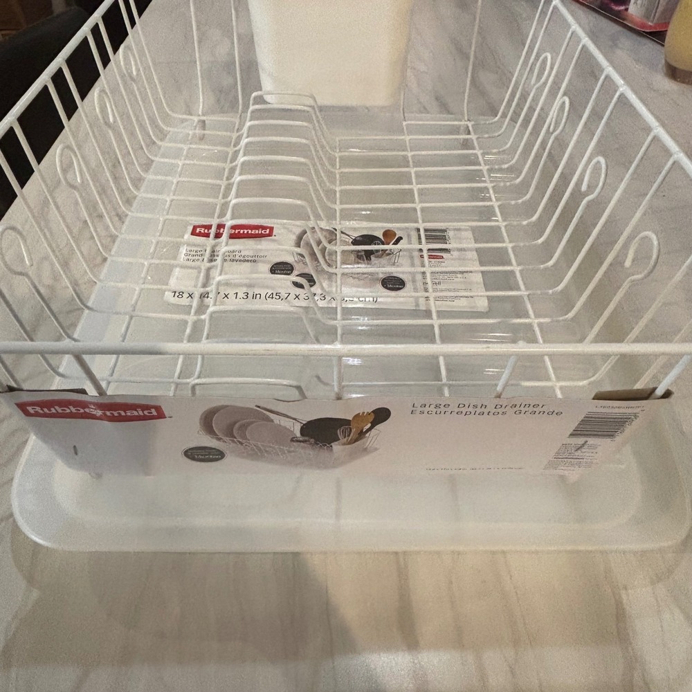 Rubbermaid Large White Dish Drying Drainer Rack & Frosted Clear Drain Board Set